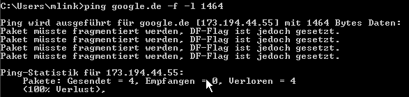 Ping www.google.de -f -l 1464