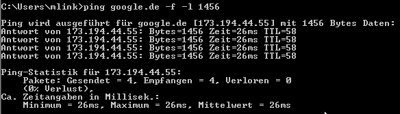 MTU-Size ermitteln - Erfolgreich gesendet, Ping -f -l 1456 Ping www.google.de -f -l 1456 - Erfolgreich gesendet