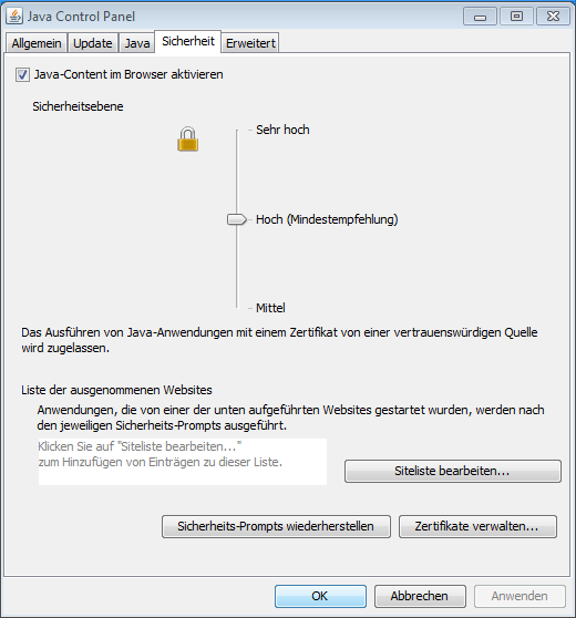 Java Sicherheitseinstellungen